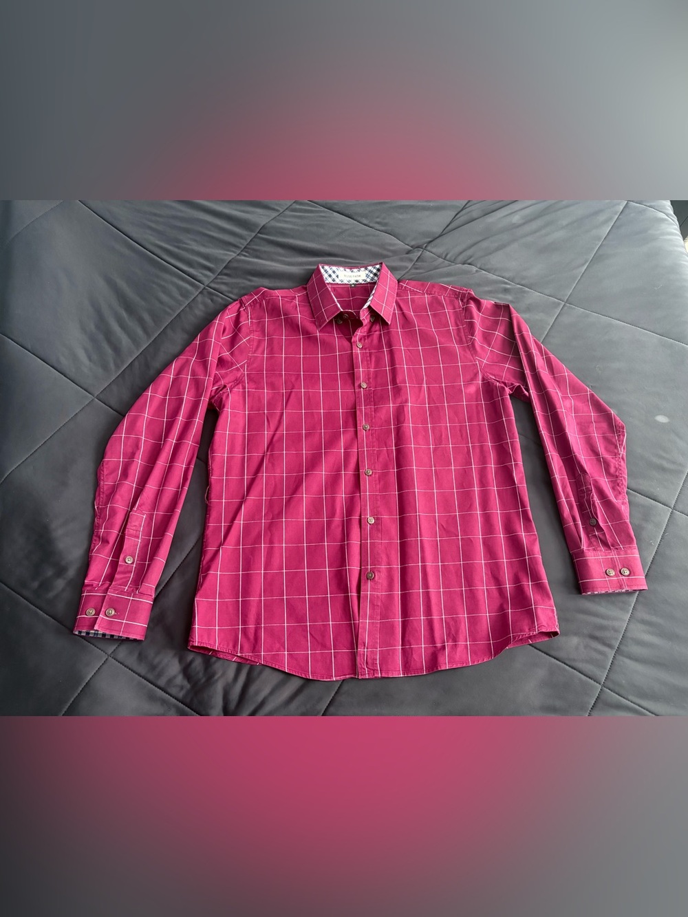 Maroon and White Long-Sleeve Windowpane Button Down Shirt